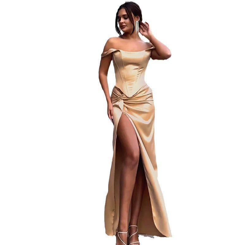 Damen Elegantes Abendkleid mit schulterfreiem Schnitt und hohem Schlitz R&B