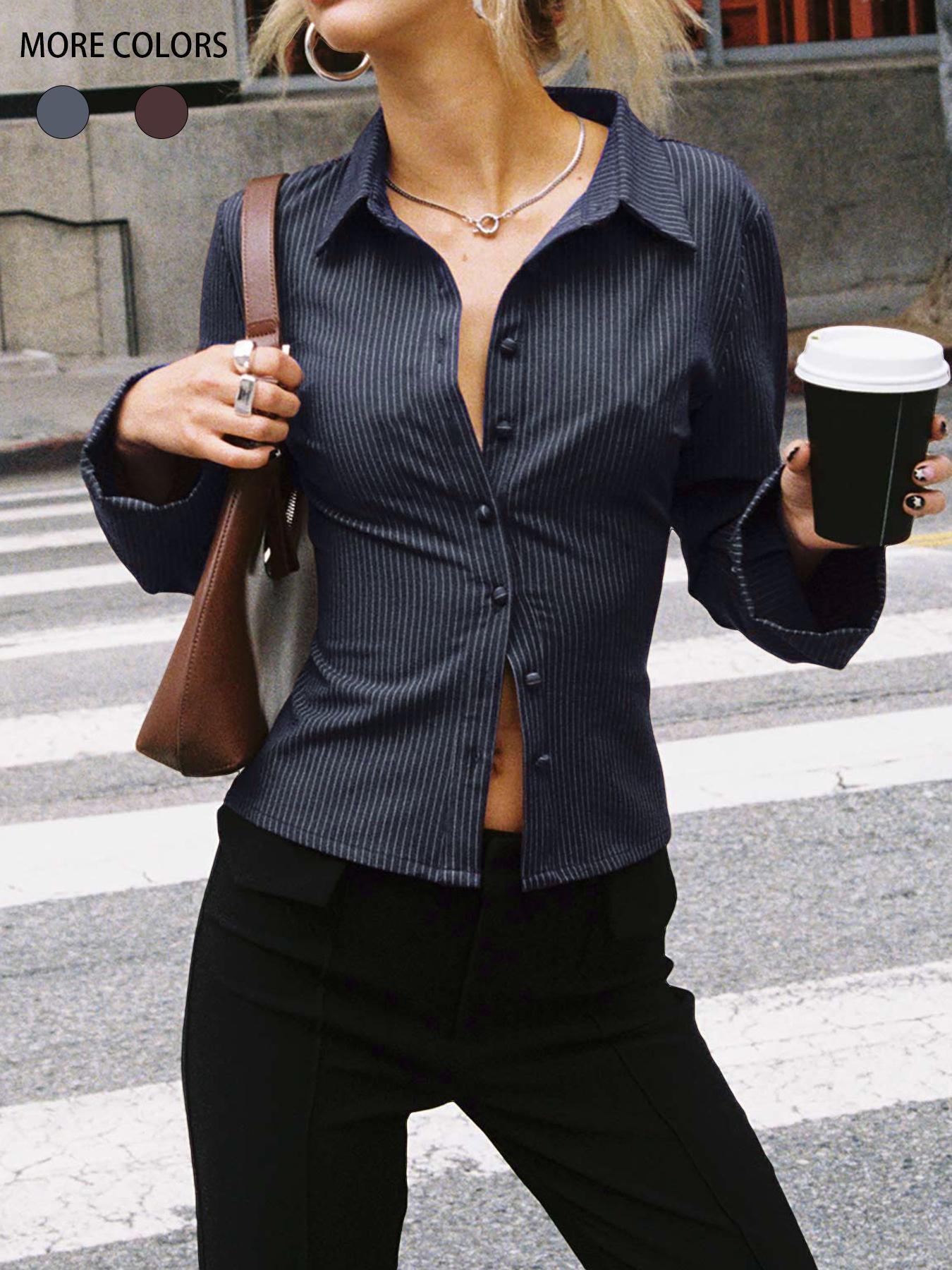 Damen taillierte Hemdbluse mit Klappkragen und feinen Streifen R&B