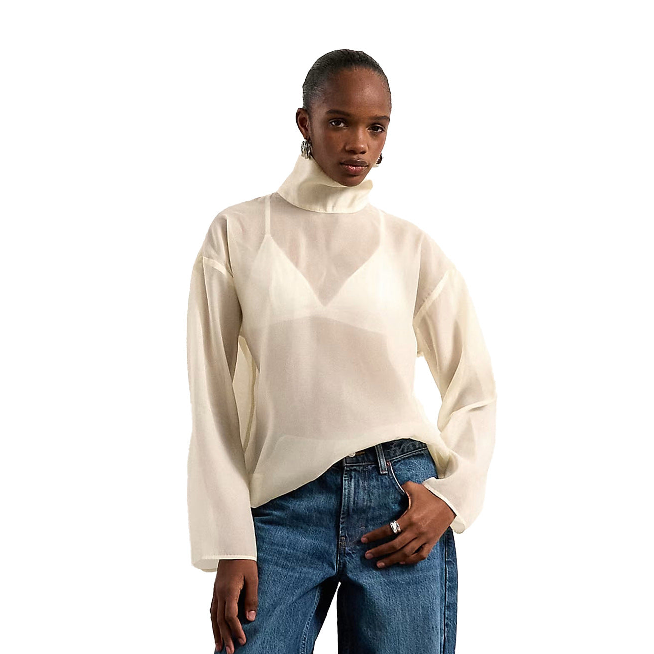 Damen Elegante Bluse aus transparentem Stoff mit stehendem Kragen R&B