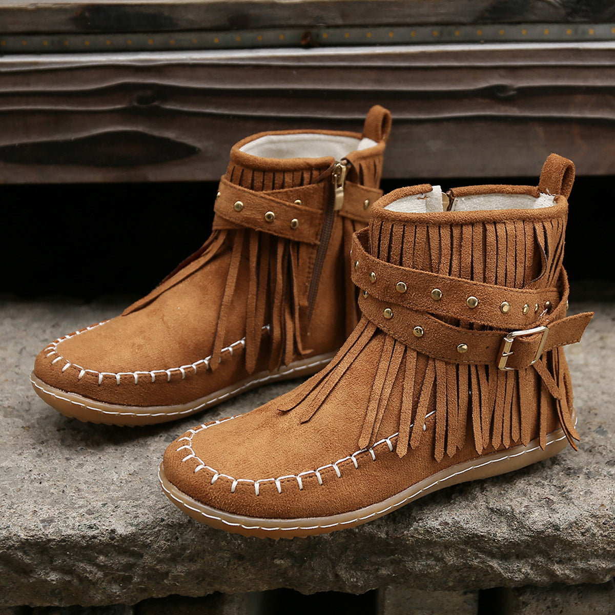 Damen Mokassinstiefel mit modischem Fransen-Design und eleganten Akzenten R&B
