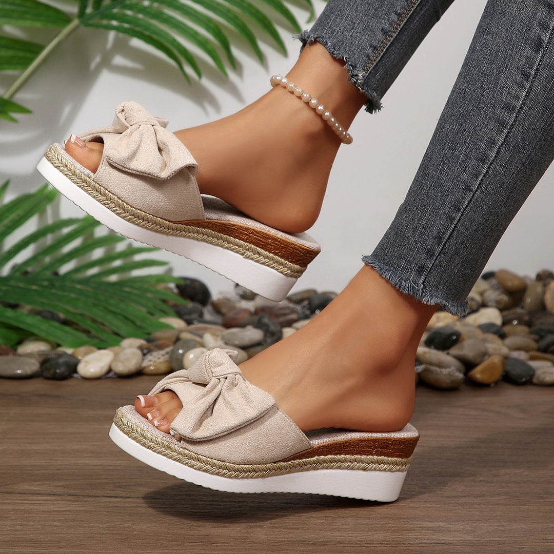 Damen Komfortable Wedge-Pantoletten mit modernen Schleifen und Jute-Detail R&B