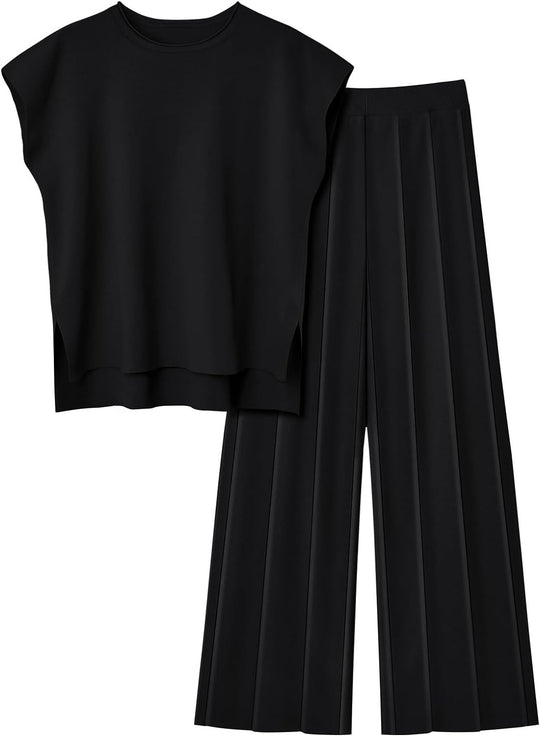 Damen elegantes Set mit kurzärmligem Oberteil und plissierter Hose R&B