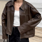 Damen Modische Kurzjacke aus Kunstleder mit ausgefallenem Kragen R&B