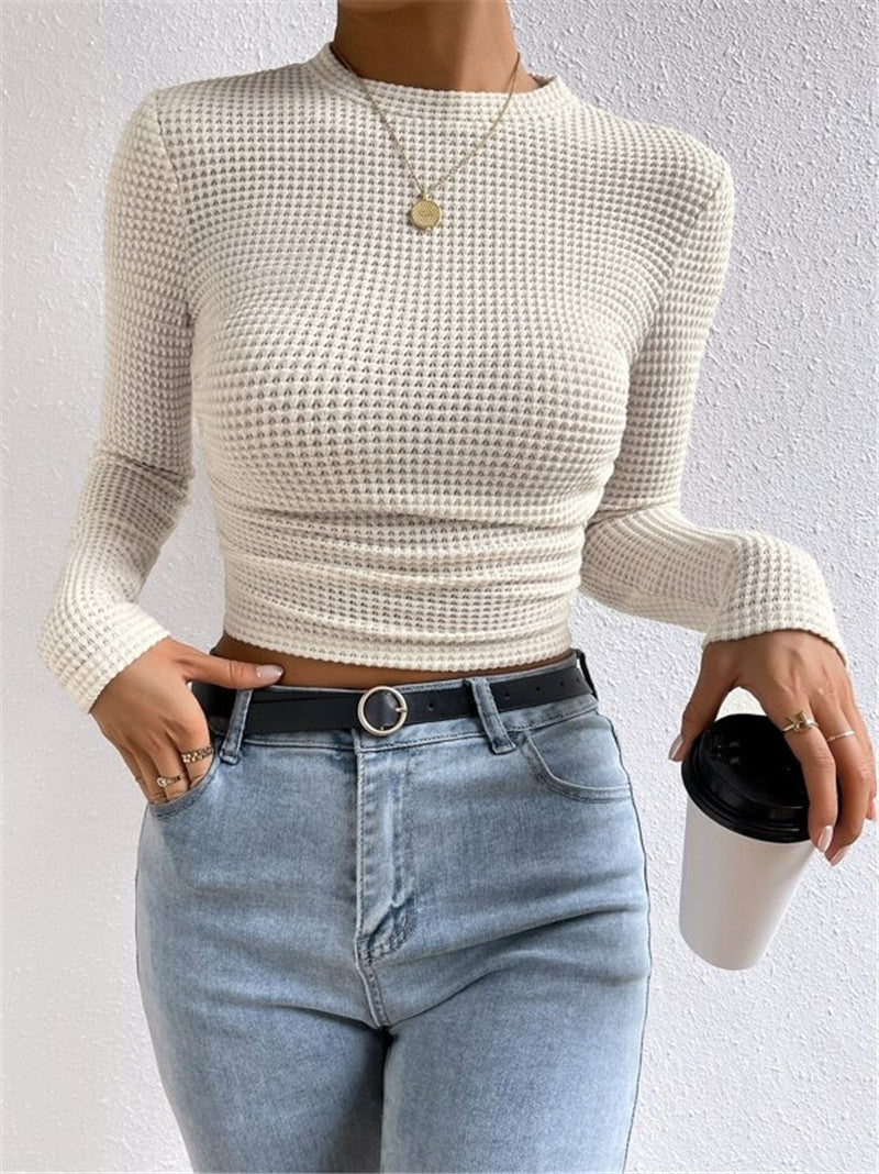 Damen modisches langärmliges Crop-Top mit Waffelstruktur R&B