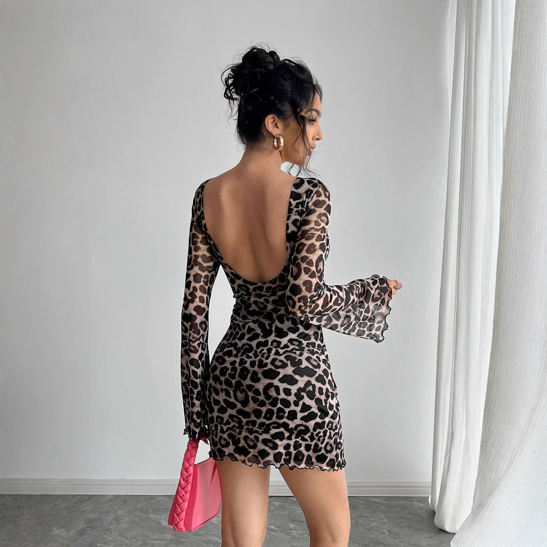 Damen Minikleid aus leichter Rückenfreier Spitze mit Leopardenmuster R&B