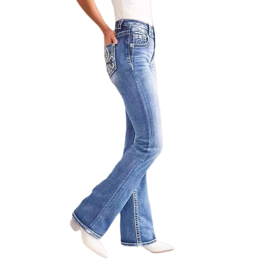 Damen Flared Jeans im Vintage-Stil mit hochgradigem Detail und raffinierten Stickereien R&B