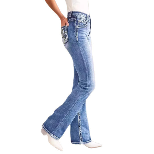 Damen Flared Jeans im Vintage-Stil mit hochgradigem Detail und raffinierten Stickereien R&B