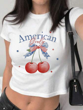 Damen figurbetontes Kurzarm-T-Shirt mit verspieltem Aufdruck R&B