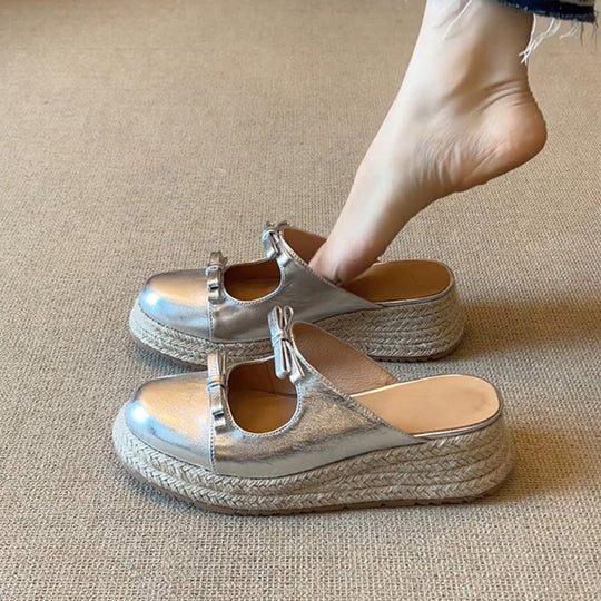 Damen komfortable Espadrilles-Pantoletten mit Schleifen-Applikation R&B