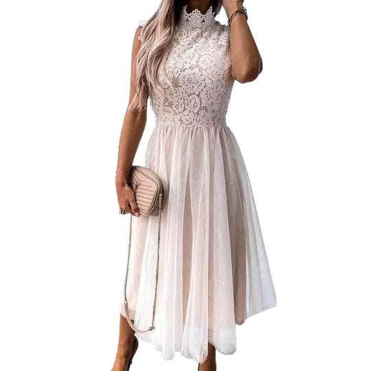 Damen Spitzenkleid mit hohem Kragen und schwungvollem Rock R&B