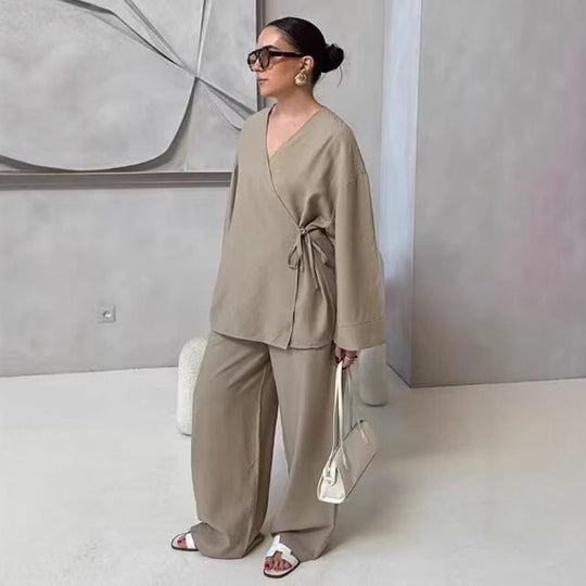 Damen Wickelbluse und Palazzo-Hose Set R&B