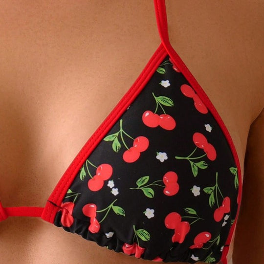 Damen Triangel-Bikini mit fruchtigem Kirschmuster und verstellbaren Bändern R&B