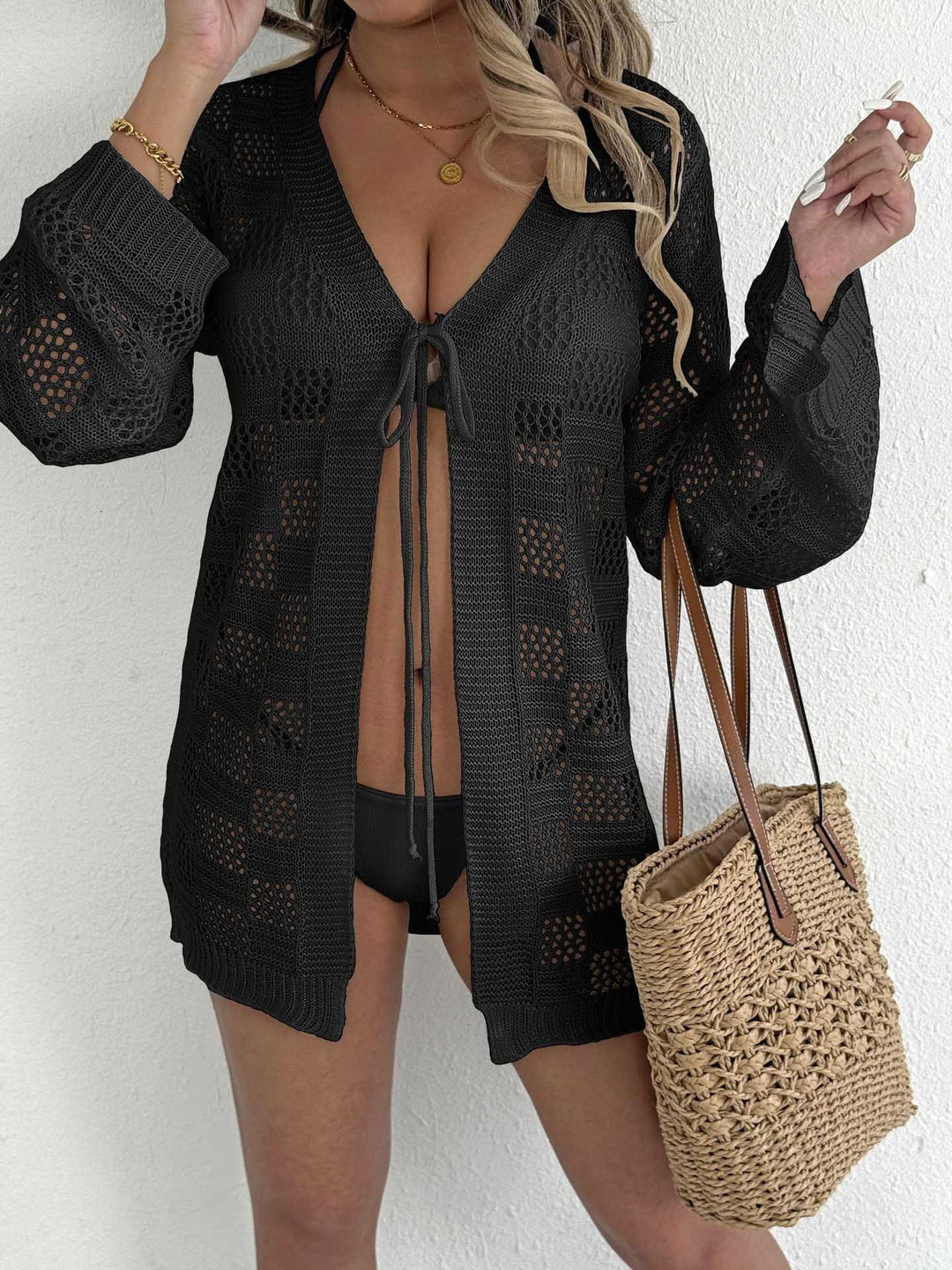 Damen lässiger Häkel-Strandüberwurf mit tiefem V-Ausschnitt und eleganten Details R&B