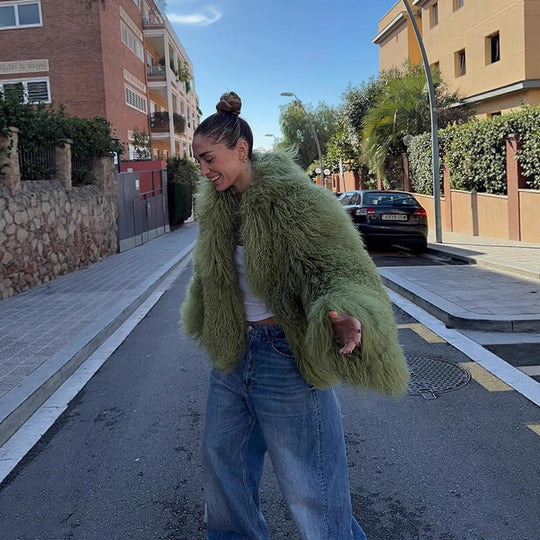 Damen Oversized Kunstpelzjacke mit voluminösen Ärmeln R&B