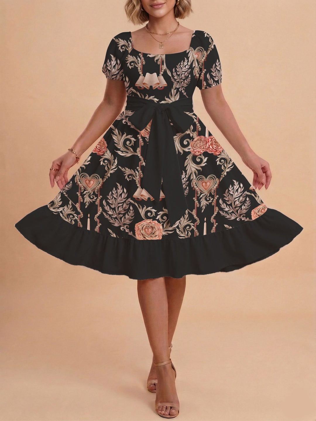 Damen Retro Maxikleid mit Puffärmeln und Taillengürtel R&B