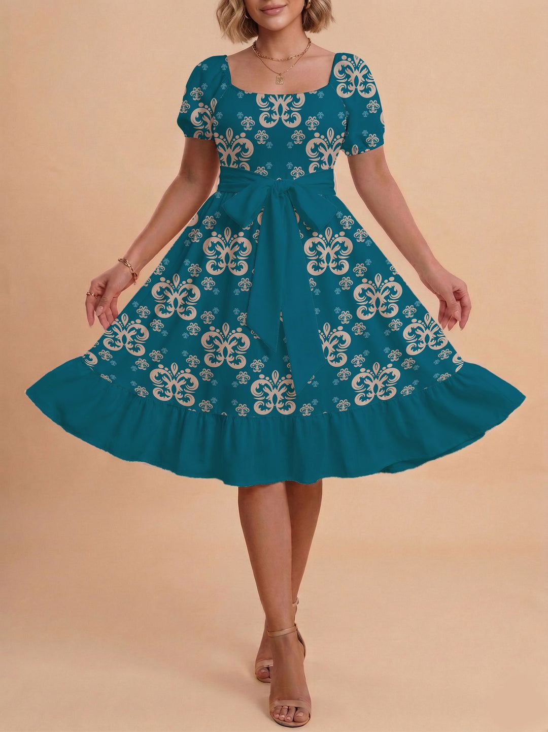 Damen Midikleid mit verspieltem Druck und tailliertem Schnitt R&B