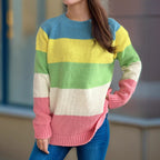Damen lässiger Strickpullover mit bunten Blockstreifen und weitem Schnitt R&B