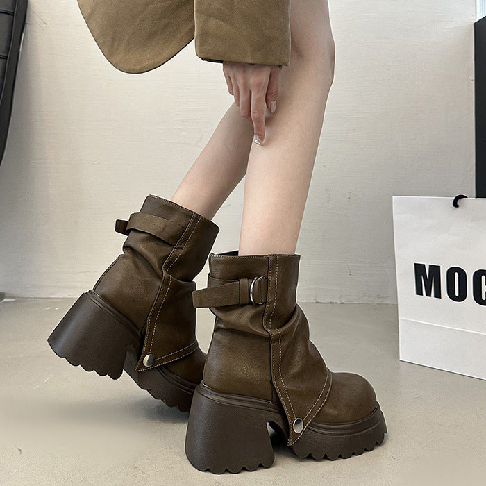 Damen modische Chunky-Boots mit dekorativem Riemen und stabiler Sohle R&B