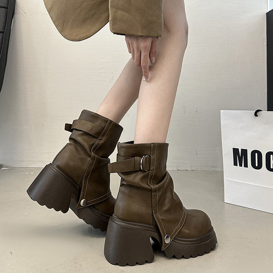 Damen modische Chunky-Boots mit dekorativem Riemen und stabiler Sohle R&B