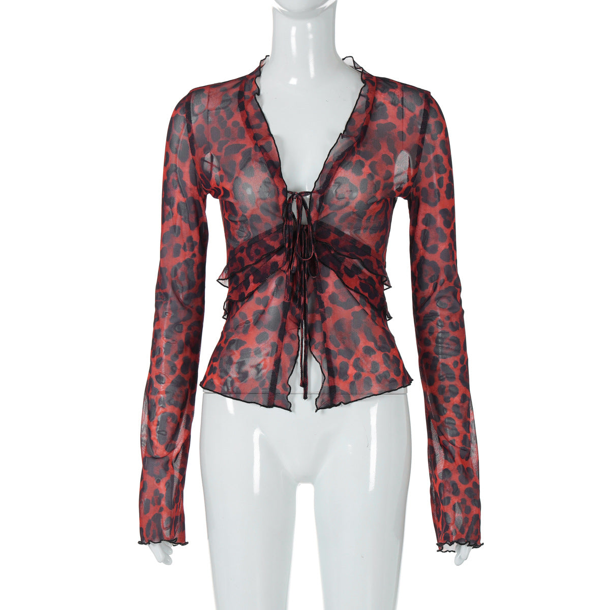 Damen leicht transparentes Oberteil mit Leopardenmuster R&B