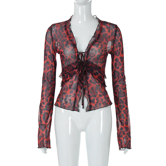 Damen leicht transparentes Oberteil mit Leopardenmuster R&B