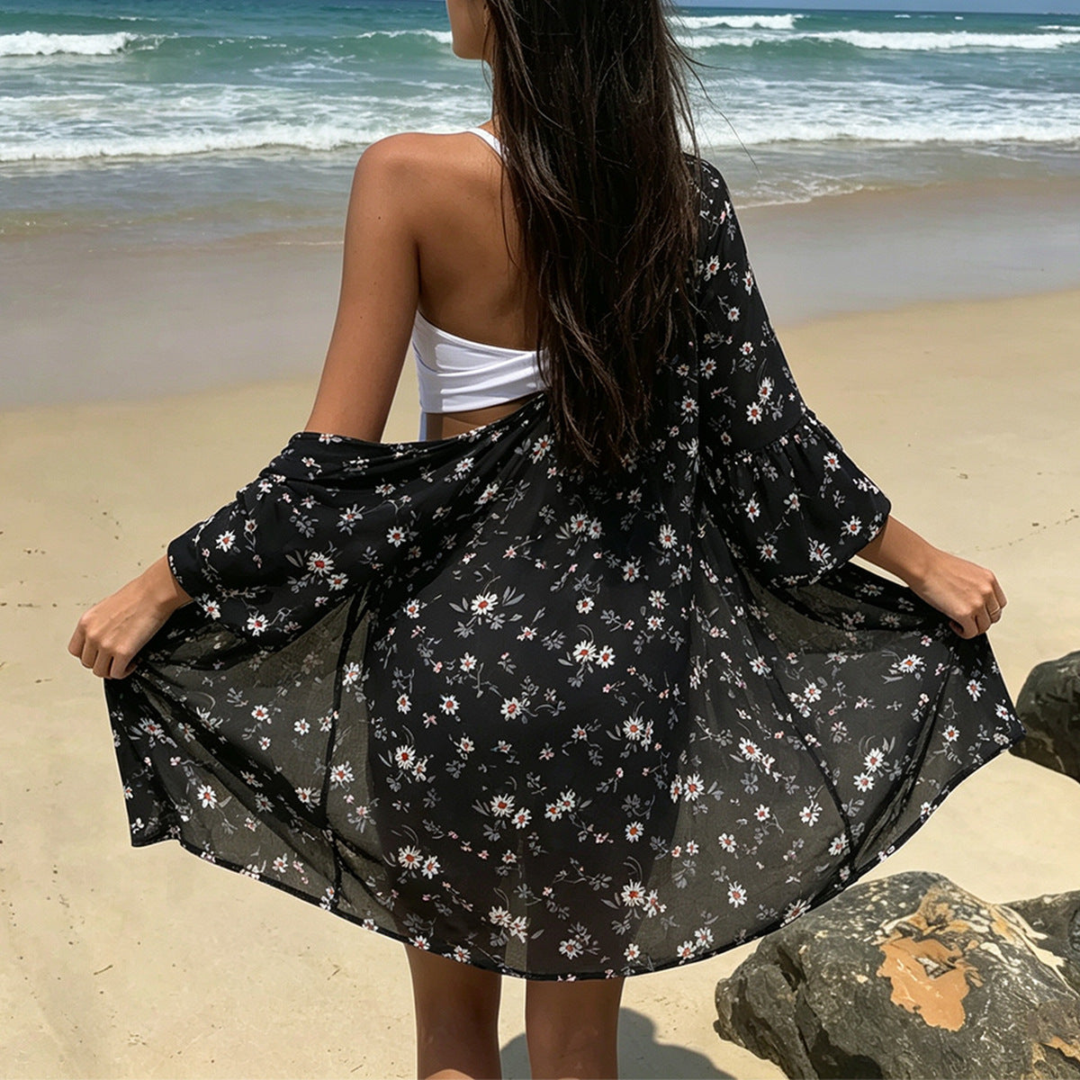 Damen luftige Strandtunika mit floralem Design und halbtransparentem Stoff R&B