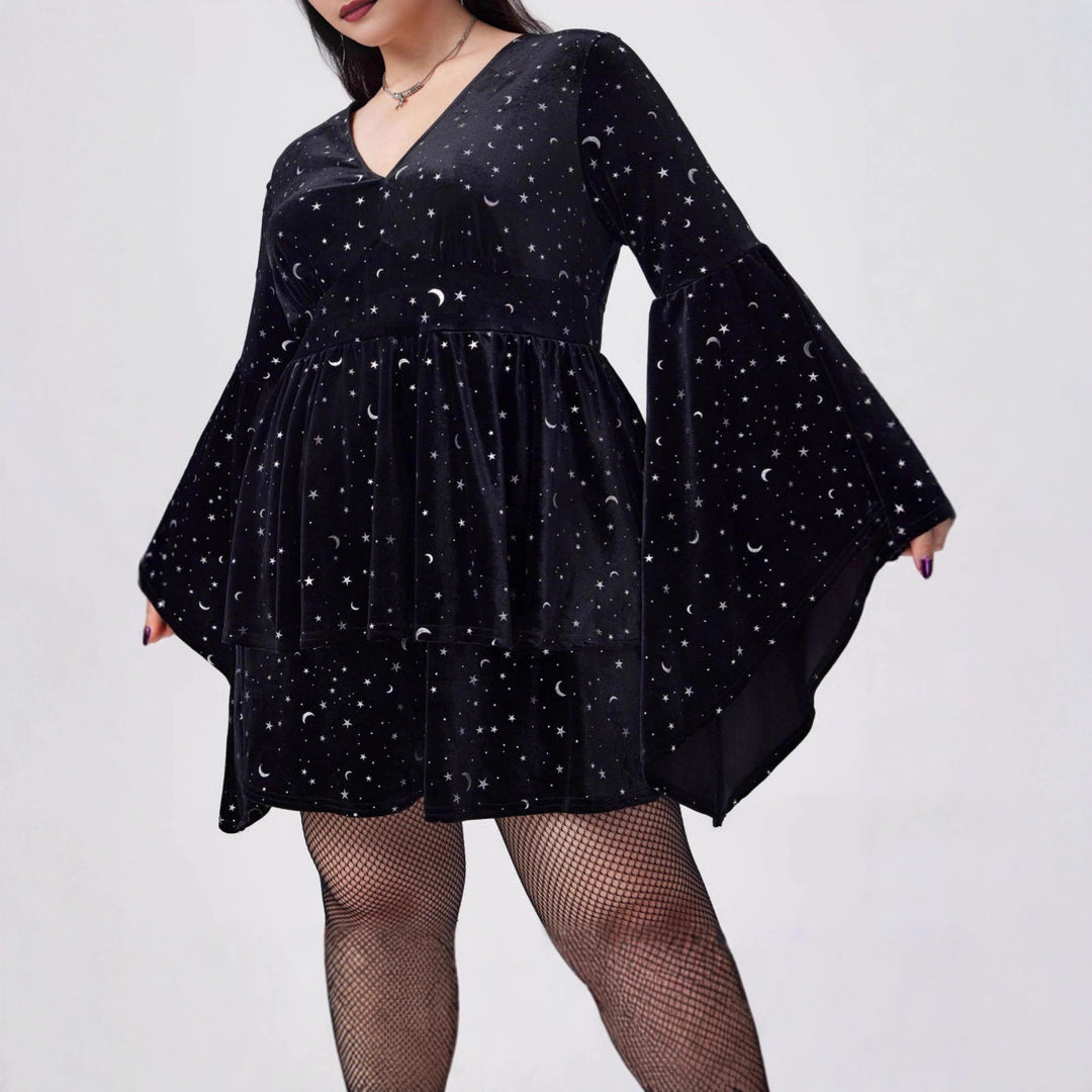 Damen Kurzes Samtkleid mit weitem Rock und aufregendem Sternenprint R&B