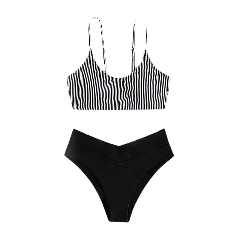 Damen Triangel-Bikini-Set mit modischem gestreiftem Oberteil und hochgeschnittenem Höschen R&B