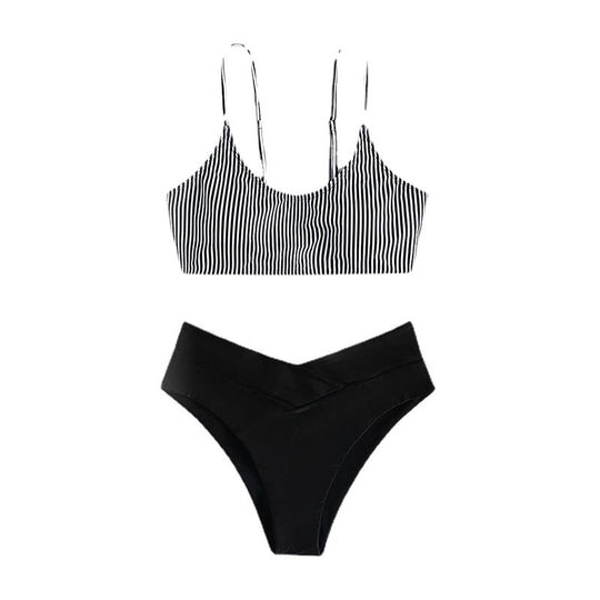 Damen Triangel-Bikini-Set mit modischem gestreiftem Oberteil und hochgeschnittenem Höschen R&B