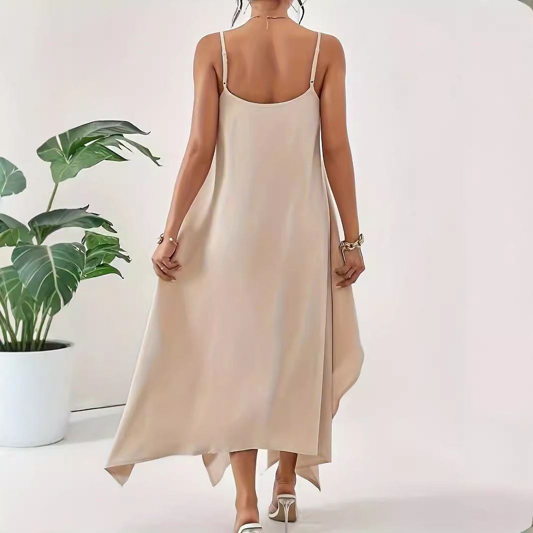 Damen luftiges Maxikleid mit asymmetrischem Saum und feinen Spaghettiträgern R&B