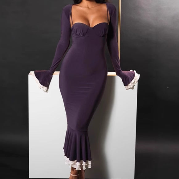 Damen Elegantes Langarm-Midikleid mit Rüschensaum R&B