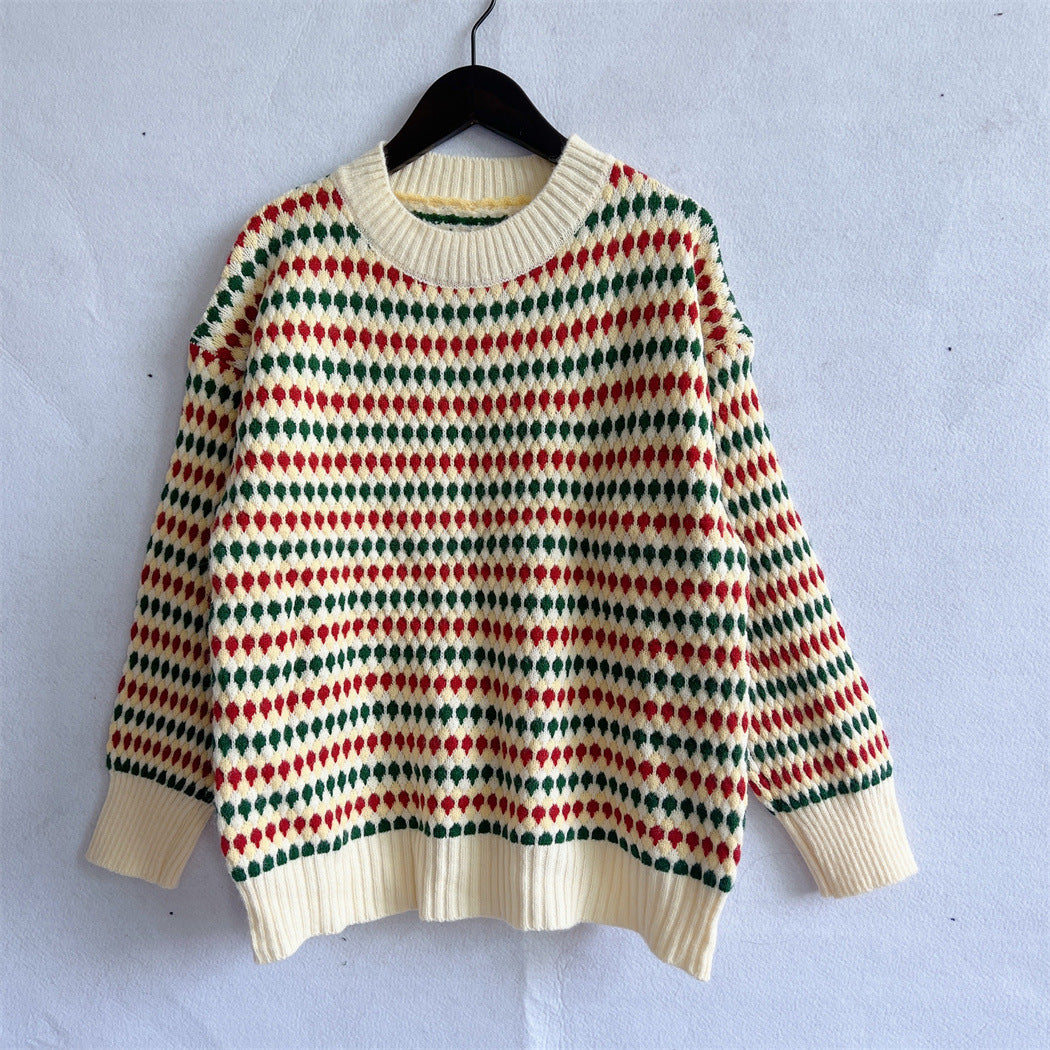 Damen lässiger Strickpullover mit buntem Rautenmuster und Rundhalsausschnitt R&B