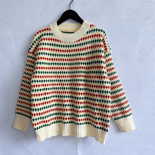 Damen lässiger Strickpullover mit buntem Rautenmuster und Rundhalsausschnitt R&B