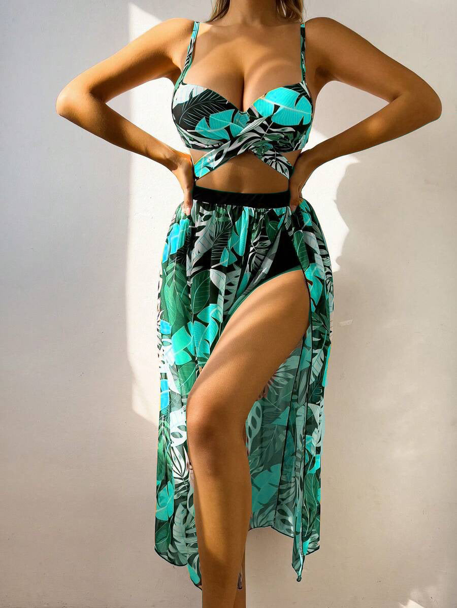 Damen Bikini-Set mit extravagantem Cut-Out und floralem Rock R&B