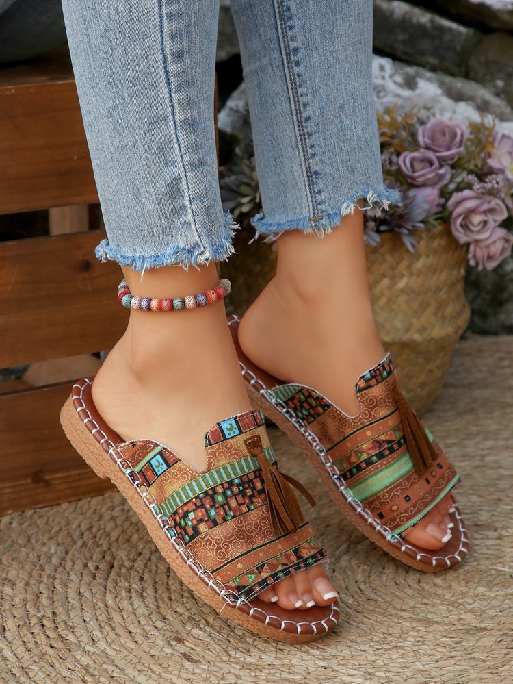 Damen Riemensandalen mit geflochtenem Muster und dekorativen Fransen R&B