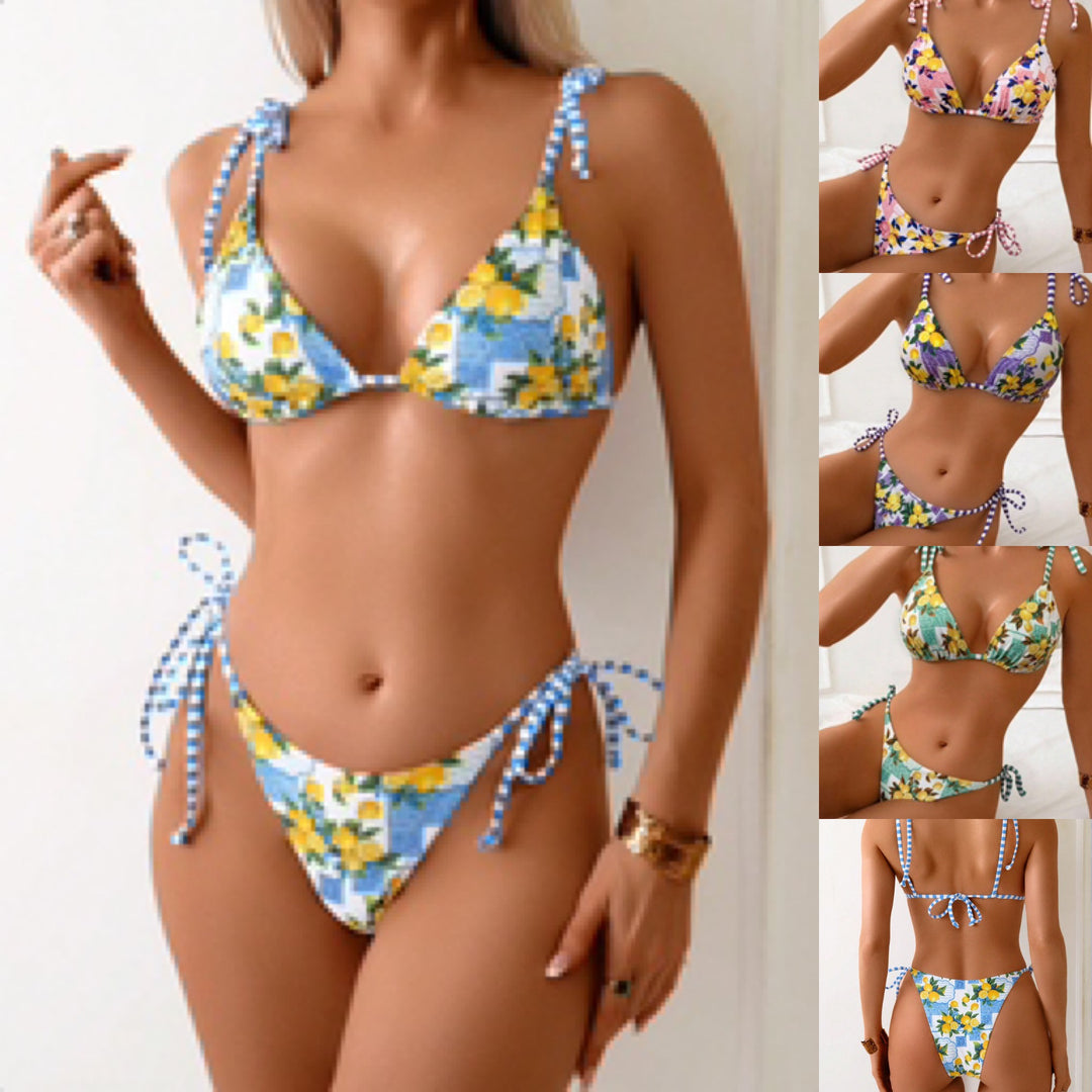 Damen Triangel-Bikini mit verspieltem floralen Muster und verstellbaren Trägern R&B