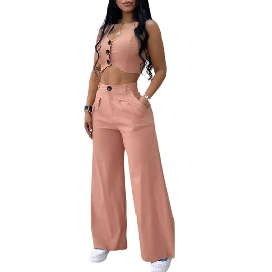 Damen Zweiteiliges Set mit hoch taillierter Hose und knöpfigem Crop-Top R&B