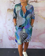 Damen nan locker fallendes V-Ausschnitt Jerseykleid mit abstraktem Wellenprint und knielangem Schnitt R&B