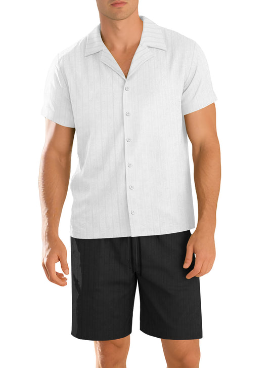 Herren nan Rippenstrick Lounge-Set mit Reverskragen Kurzarmhemd und Komfort-Bermuda R&B
