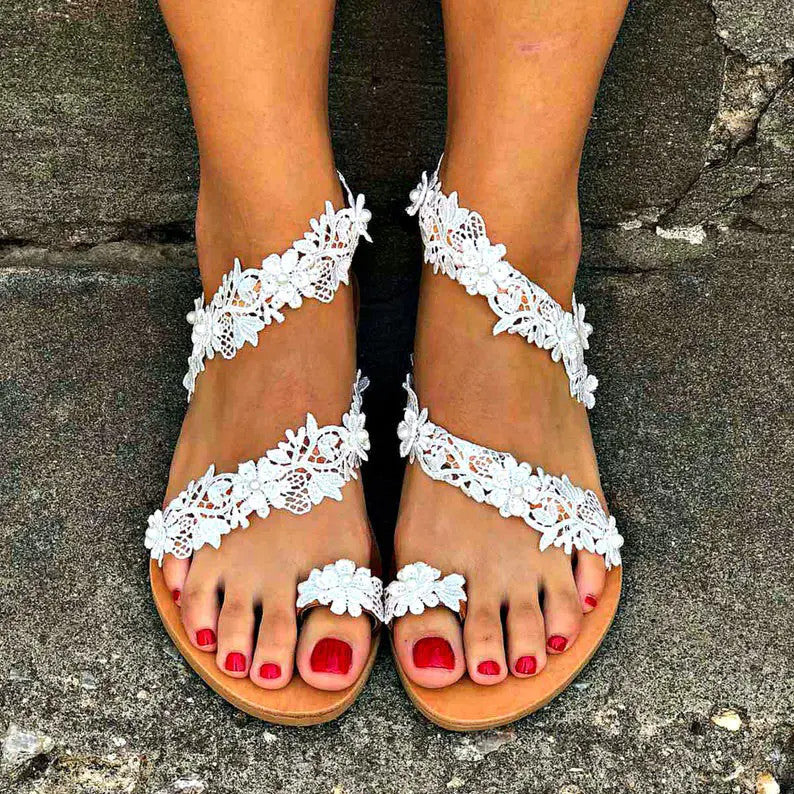 Damen Glamouröse und elegante Zehentrenner-Sandalen mit Perlenschmuck R&B