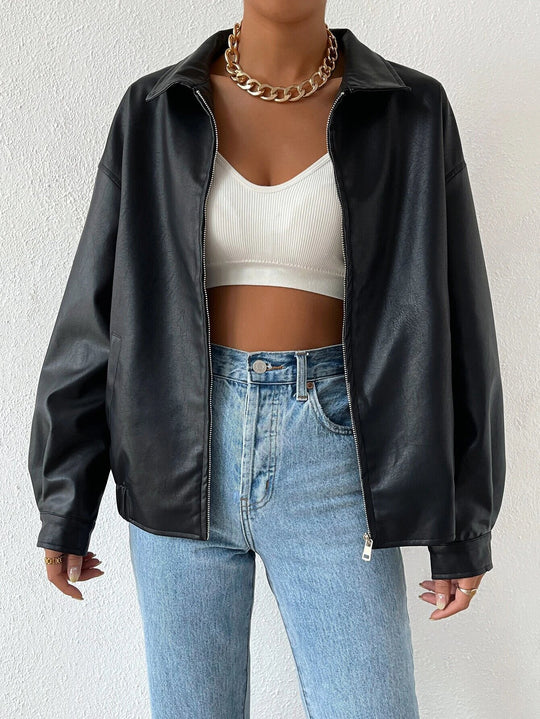 Damen trendige Kunstlederjacke im modernen Schnitt mit lässigem Reißverschluss R&B