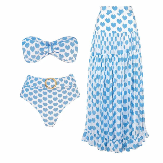 Damen Bikiniset mit herzförmigen Mustern und Rüschenrock R&B