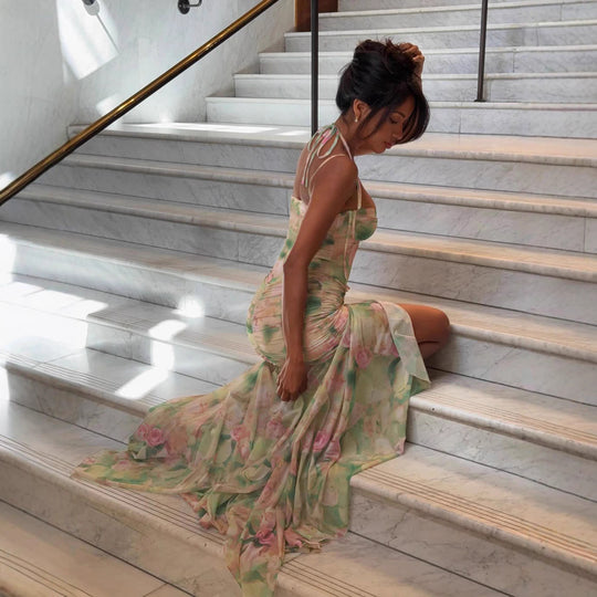 Damen romantisches Maxikleid mit floralem Druck und raffinierten Rüschendetails R&B