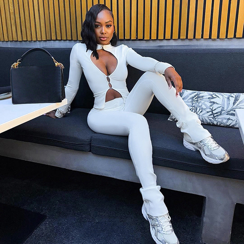Damen Cut-Out Jumpsuit mit elegantem Stehkragen und figurbetontem Schnitt R&B