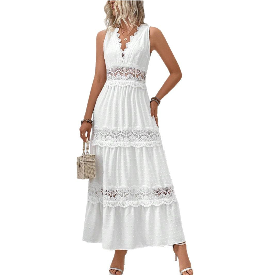 Damen romantisches Maxikleid mit Spitzenapplikationen und punktiertem Design R&B
