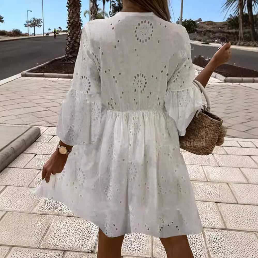 Damen Sommerkleid mit luftigen Trompetenärmel und elegantem Häkelgürtel R&B