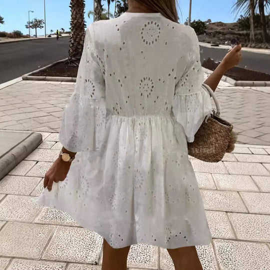Damen Sommerkleid mit luftigen Trompetenärmel und elegantem Häkelgürtel R&B