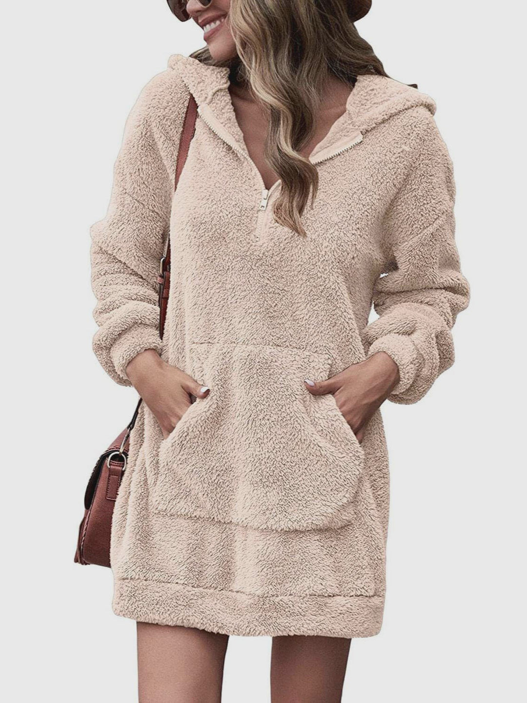 Damen Kuscheliger Hoodie-Kleid mit praktischen Taschen und halben Reißverschluss R&B