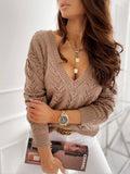 Damen V-Ausschnitt Strickpullover mit romantischem Zopfmuster R&B