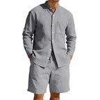 Herren nan sommerliches Leinen-Set mit Stehkragenhemd und Kordelzug-Kurzhose R&B